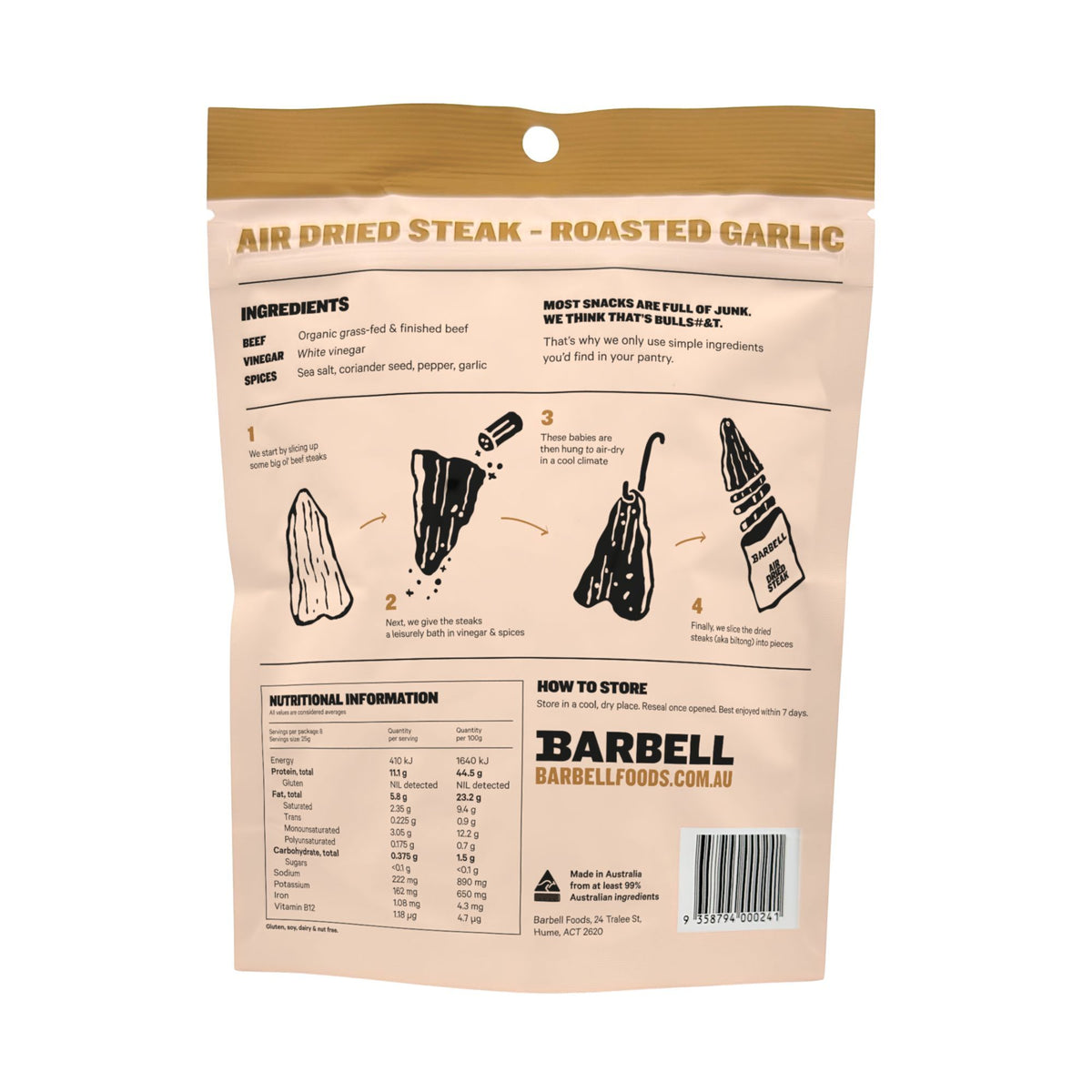 Roasted Garlic Biltong 200g bag back - ingredients and nutrition