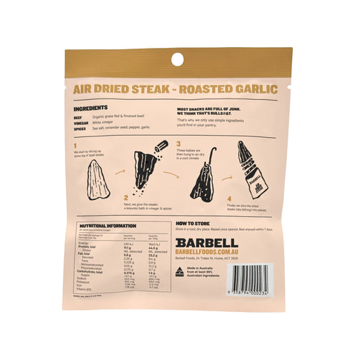 Roasted Garlic Biltong 70g bag back - ingredients and nutrition